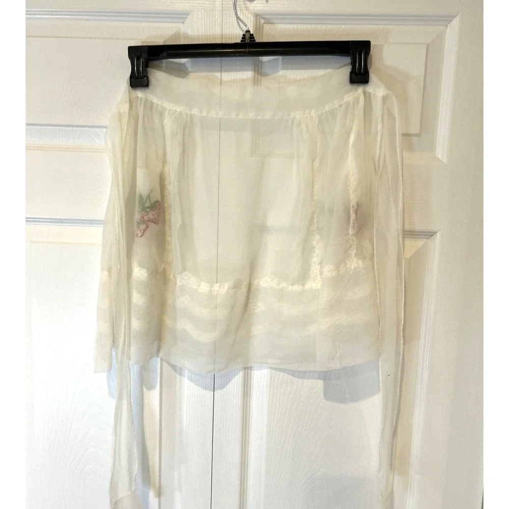 Vintage 1940s Sheer Organdy Eyelet Half Apron Women OS White Strawberry Floral